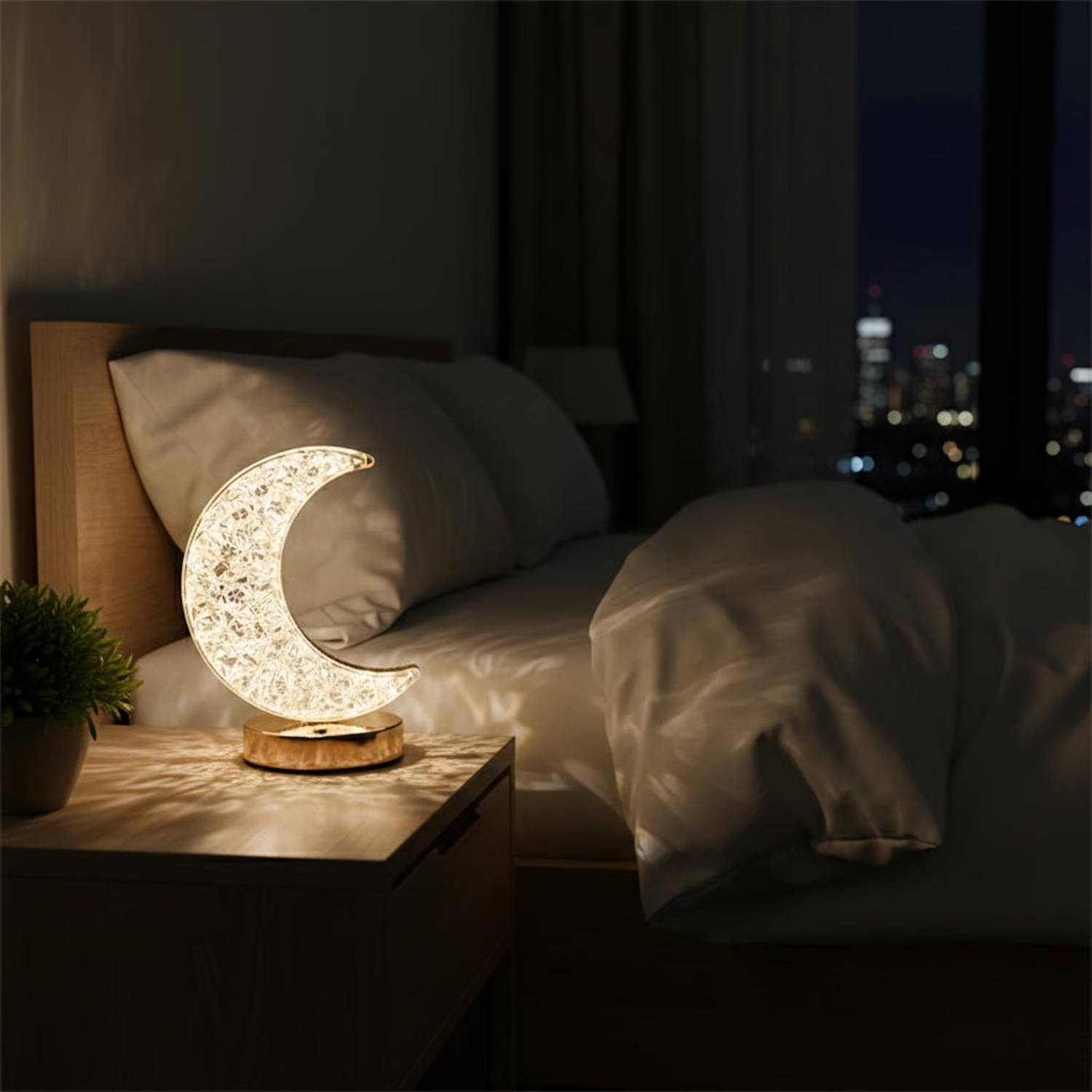 Crescent Shaped Prismatic Ambient Lamp, Warm Glow LED Desktop Night Light With Faceted Surface For Aesthetic Interior Styling